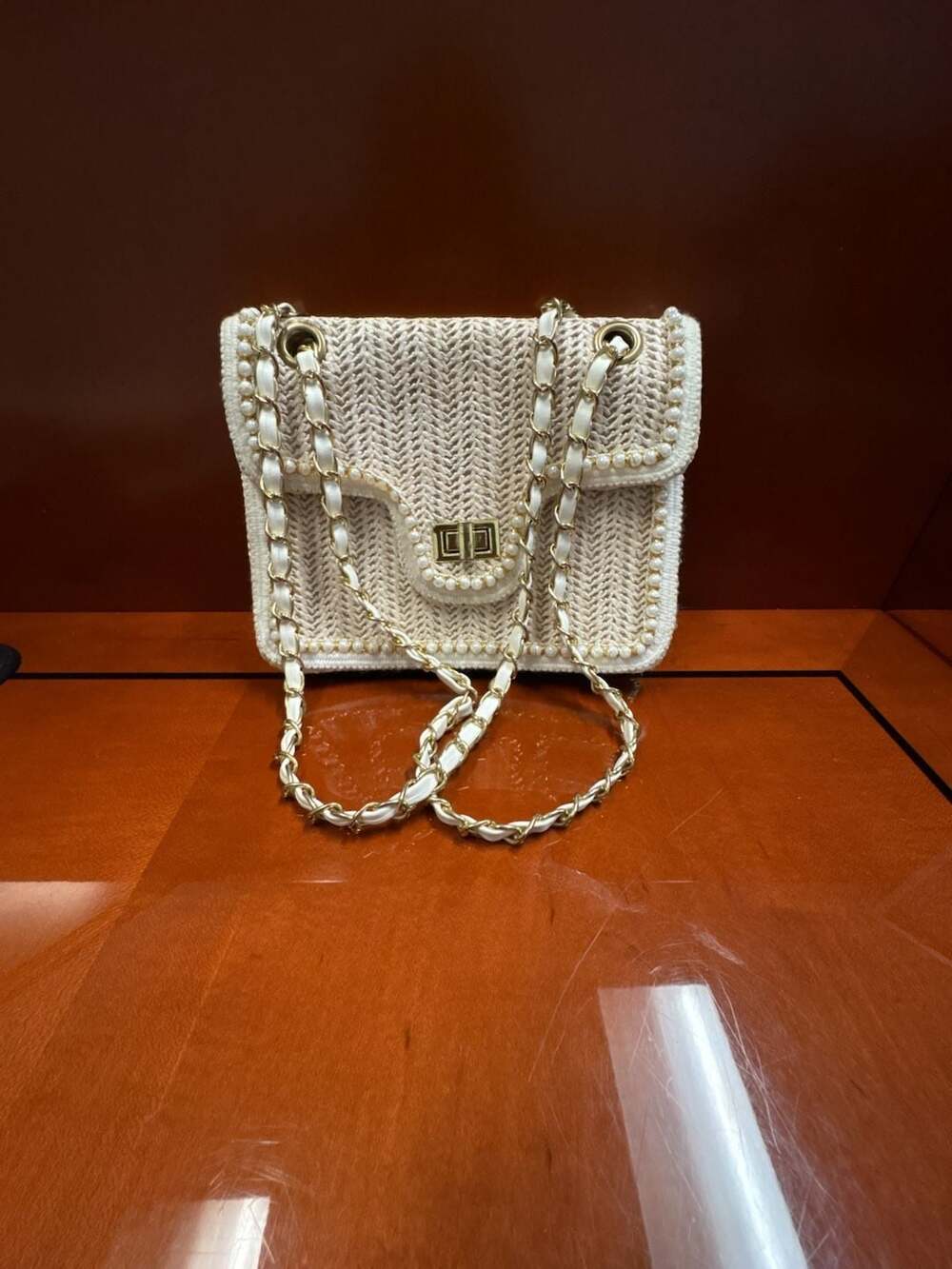 Beige Straw Woven Shoulder Bag with Pearl Trim and Chain Strap
